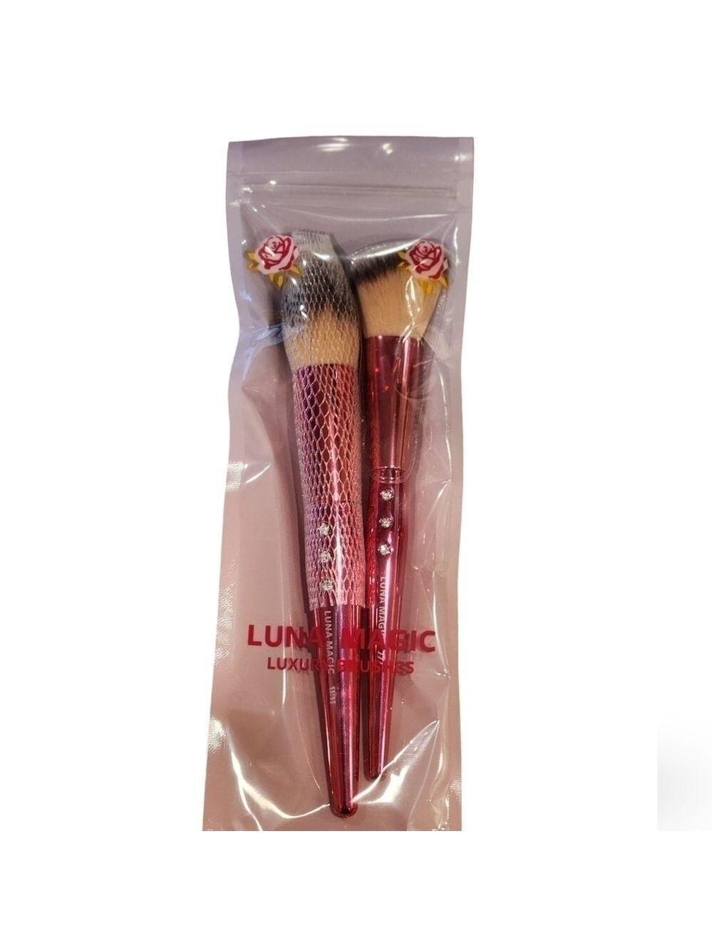 Luna Magic Duo Face Brush Set, Adorable Pink Chrome/Rhinestone Detail/Un…